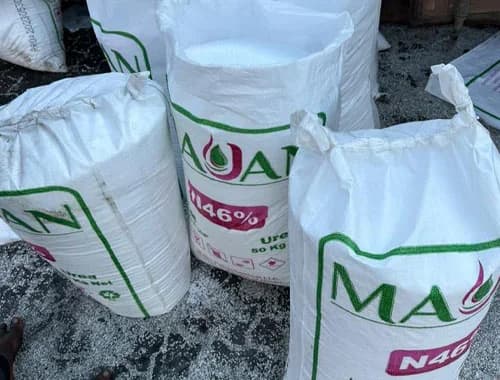Majan urea N46% bags stacked on the quayside.