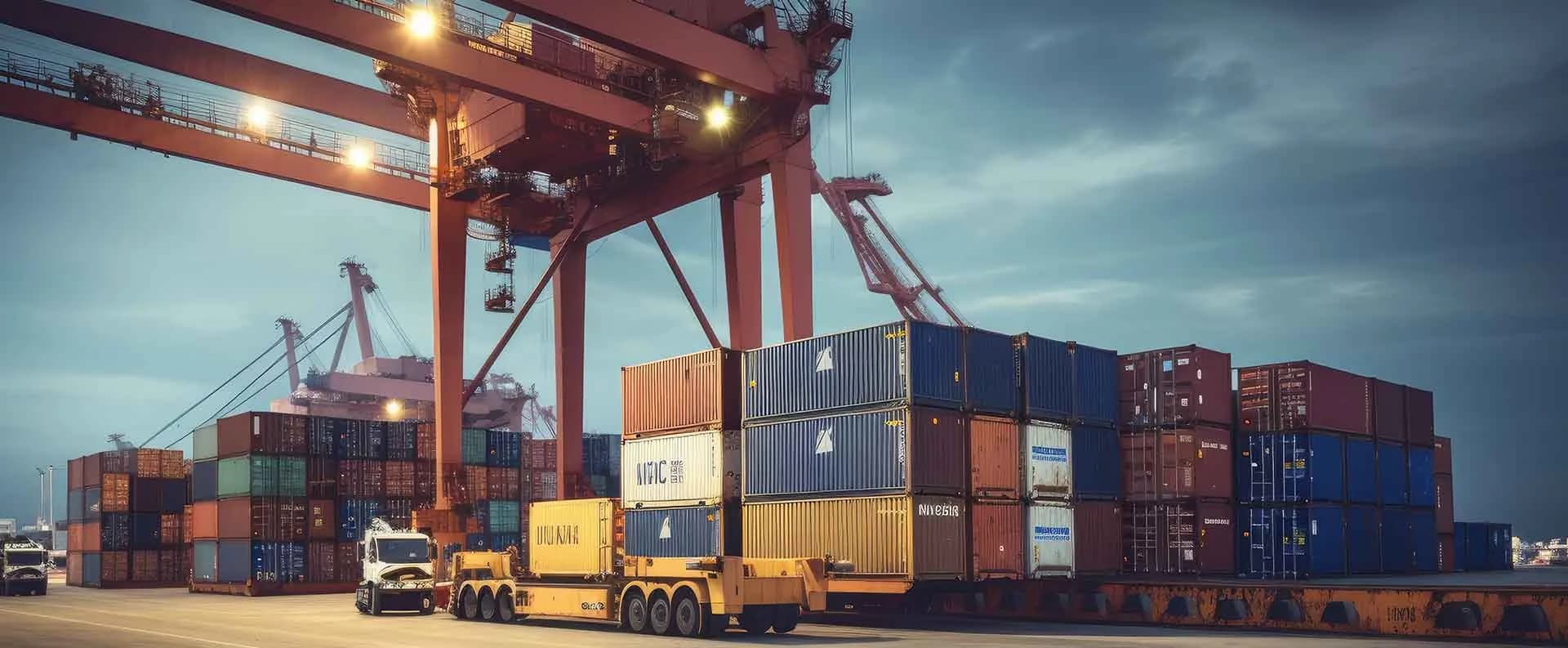 Containers on a trailer under a gantry crane at dusk.